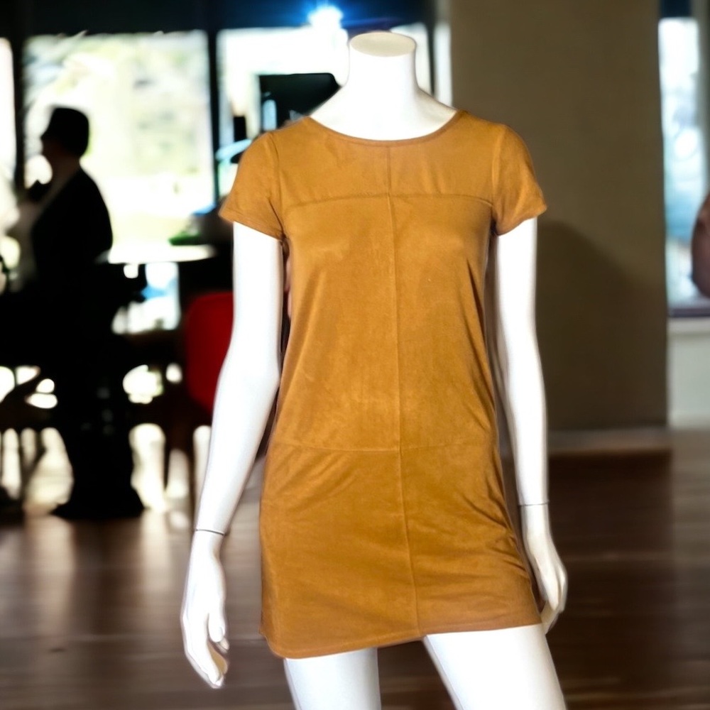 Mini short sleeve camel colored dress faux suede